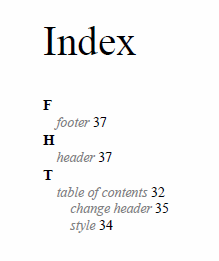 Screenshot of the Index section from a publication