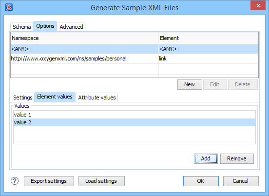Generate Sample XML Files - Element Options