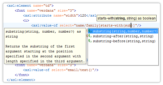 Content Assistant on XSLT showing XPath functions